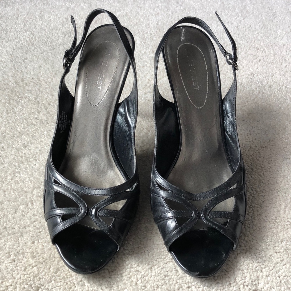 Nine West Black Leather Slingback Heels Size 8 1/2